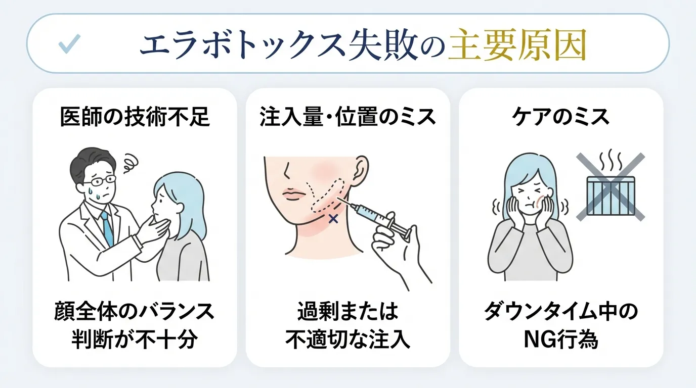 エラボトックスで失敗する主な原因は注入量のミスかダウンタイム中のNG行為