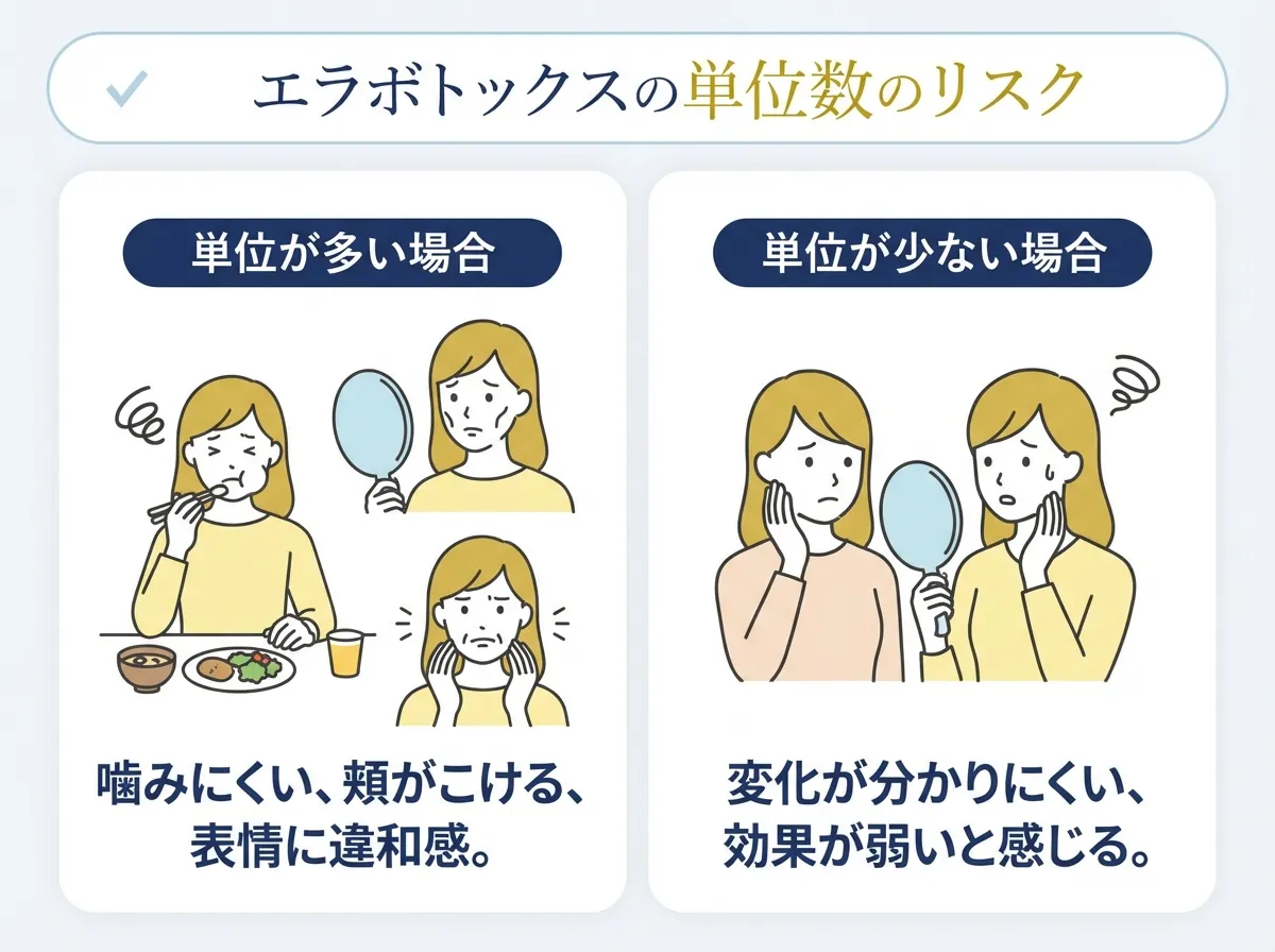 エラボトックスの単位は多いと噛みにくくなったり頬がこけてしまうリスクがある一方で少ないと効果を感じにくいこともある