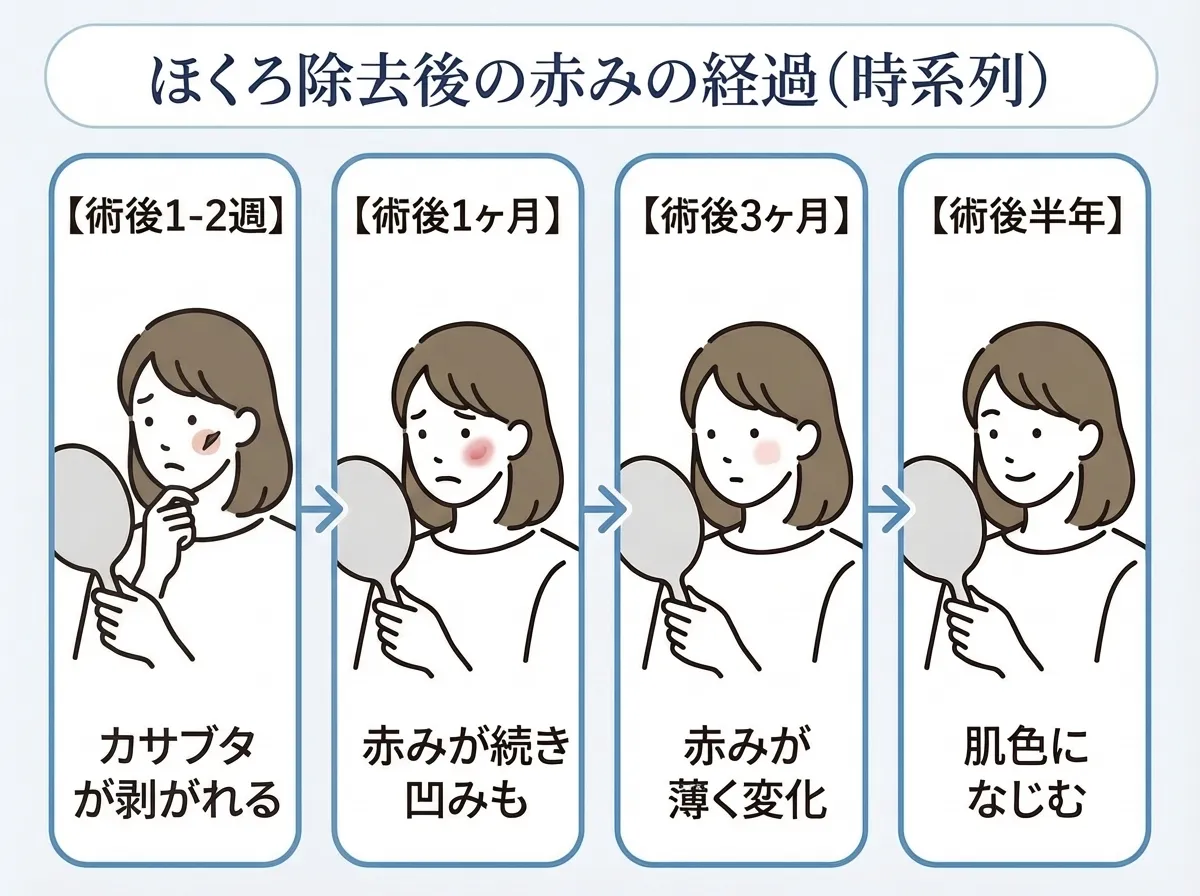 ほくろ除去後の赤みは経過ともになじむ