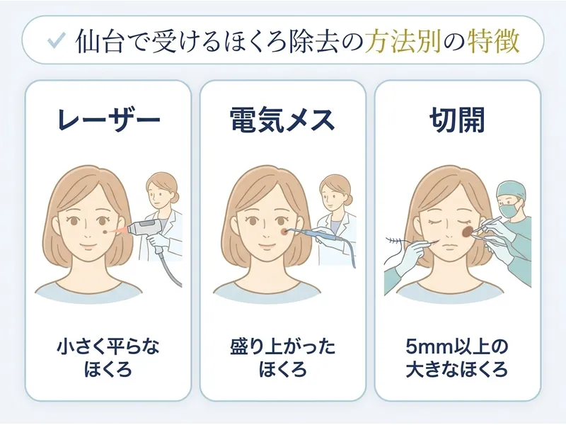 仙台で受けるほくろ除去の方法別の特徴
