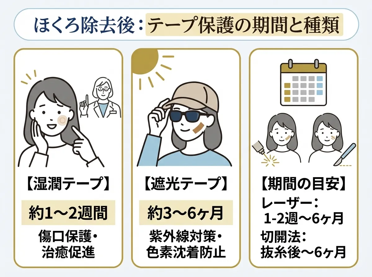 ほくろ除去後のテープは2種類あり施術方法によって期間の目安が違う