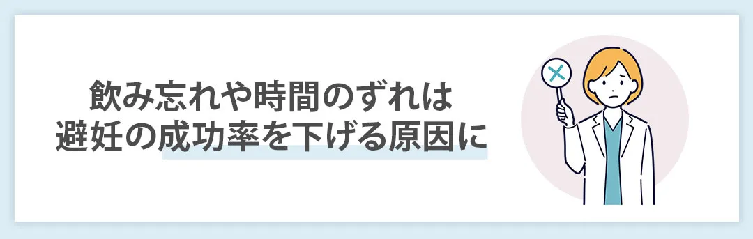 飲み忘れや服用時間のバラつきがあると低用量ピルの避妊効果は下がってしまう