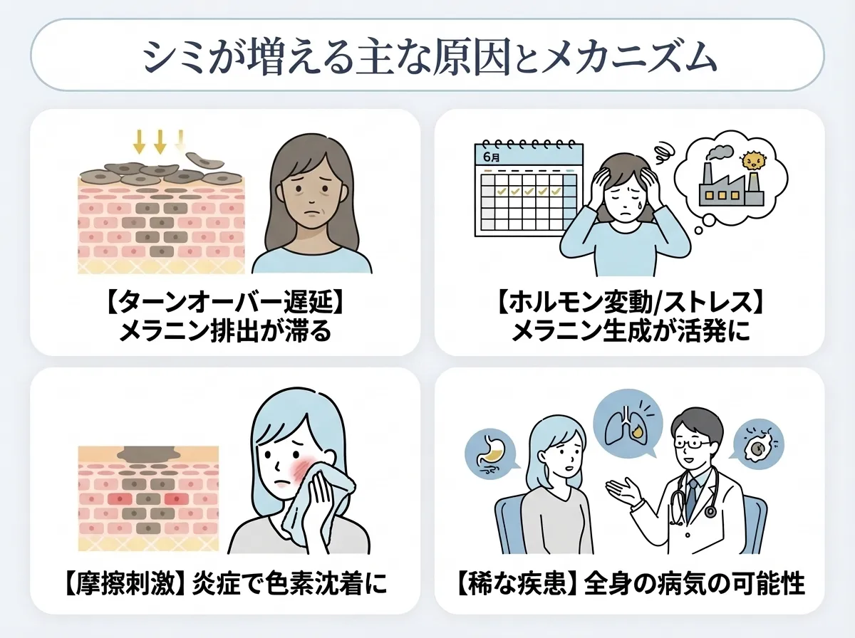 急にシミが増えたと感じる主な原因