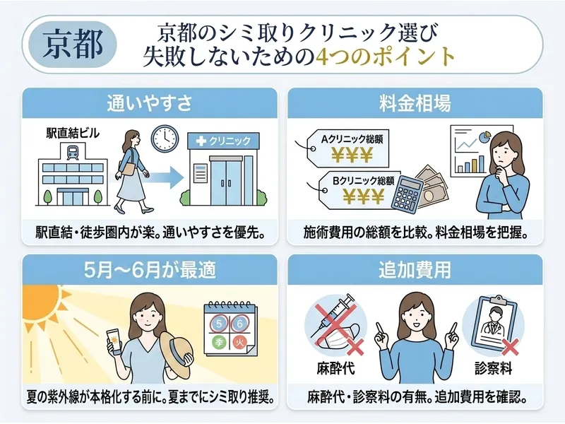 京都でシミ取りクリニックを選ぶ4つのポイント