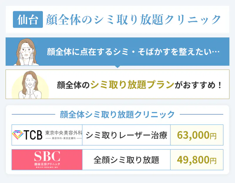 仙台の顔全体のシミ取り放題クリニック